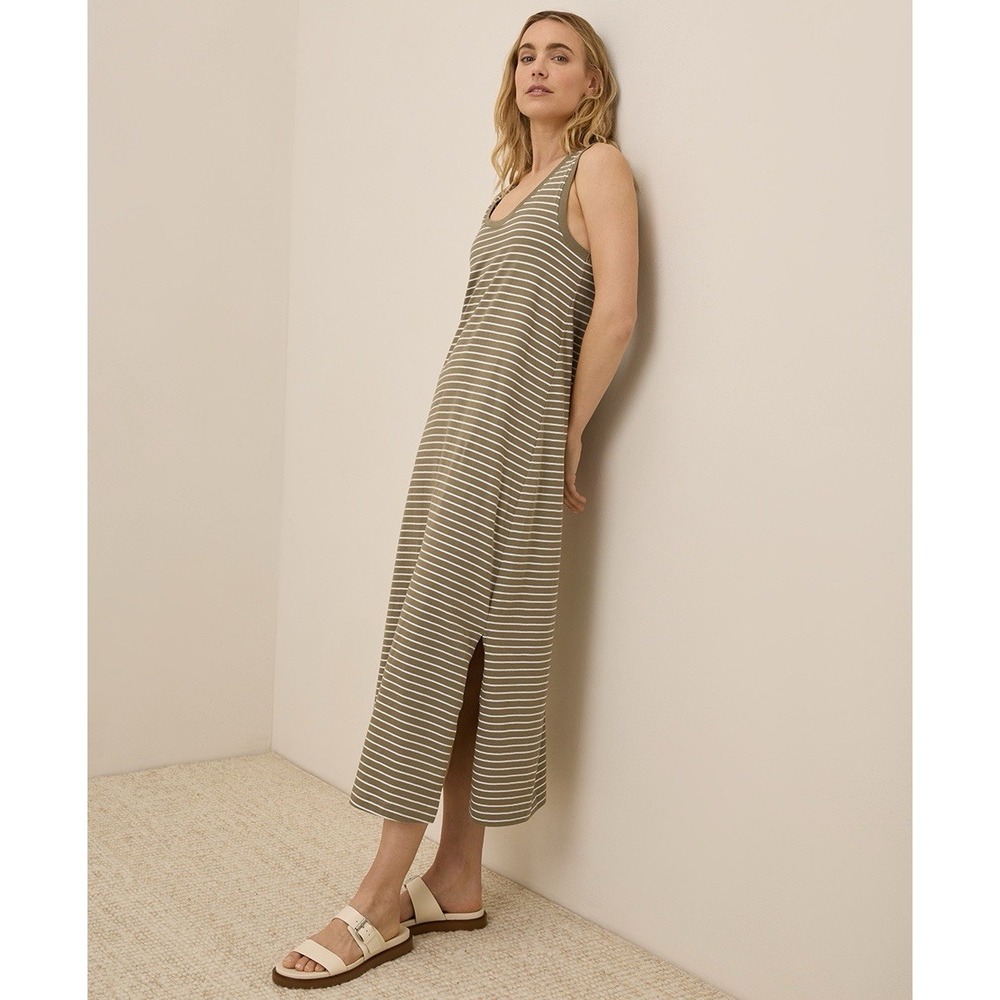 Pact Softspun Tank Midi Dress 100% Organic Cotton Neutral Tan Stripe Minimal M